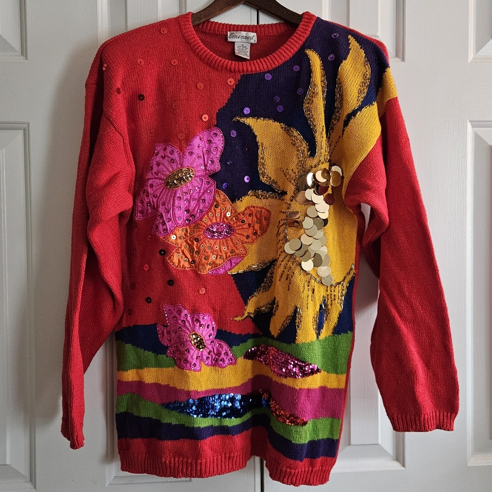 Eminent Womens Vtg Sweater M Red Sequin Bead Floral Landscape 90s Maximalist